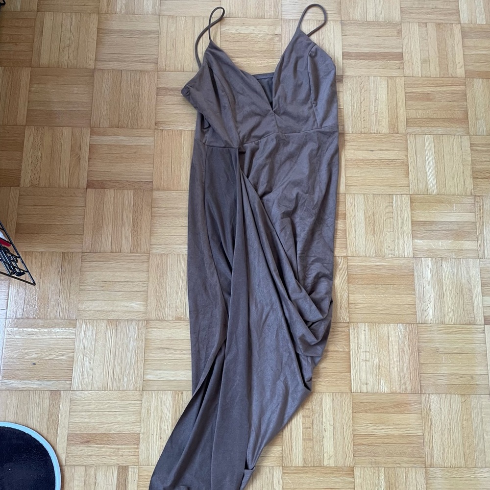 Deep V Suede Asymmetrical Dress
